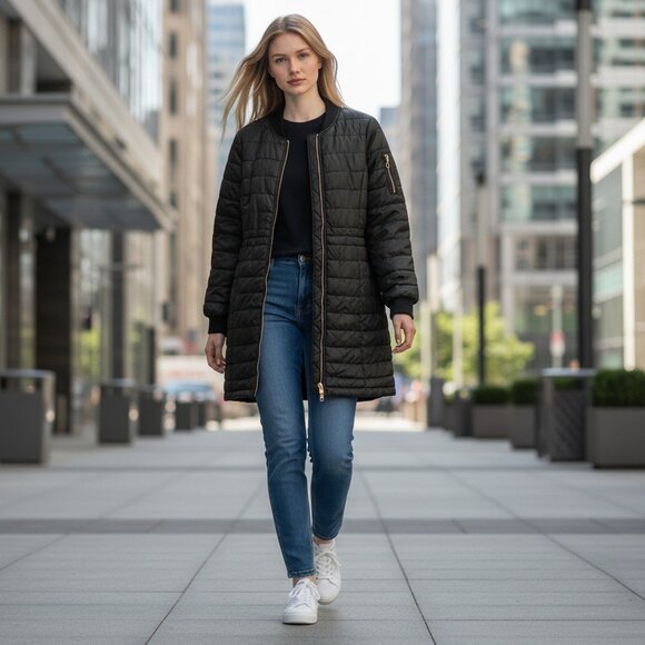 Quilted Puffer Coat XS Black Longline Drawstring Waist Zip Pockets Kenneth Cole - Picture 1 of 14